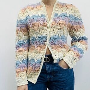 Chego International Pastel V-Neck Button Down Chunky Open Knit Cardigan. SKU 589